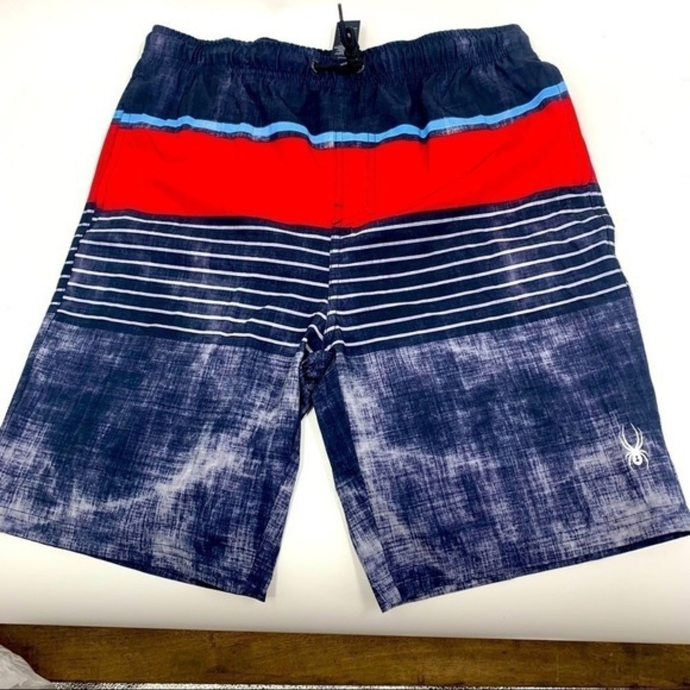 Spyder Swim Boys XL 18/20 Board Shorts Blue Red Striped Swim Trunks 1368843